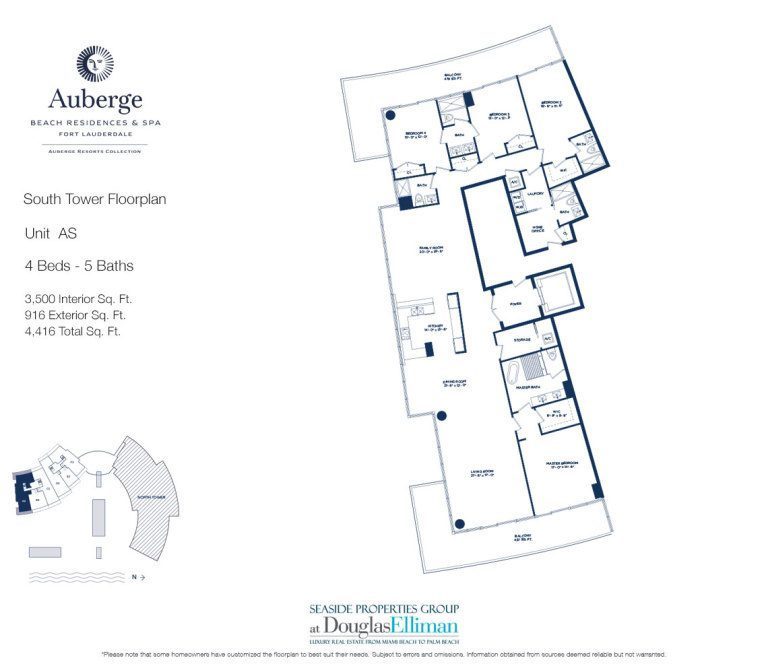 Unit AS Floorplan for Auberge Beach Residences and Spa, Luxury Oceanfront Condos in Fort Lauderdale, 33305.