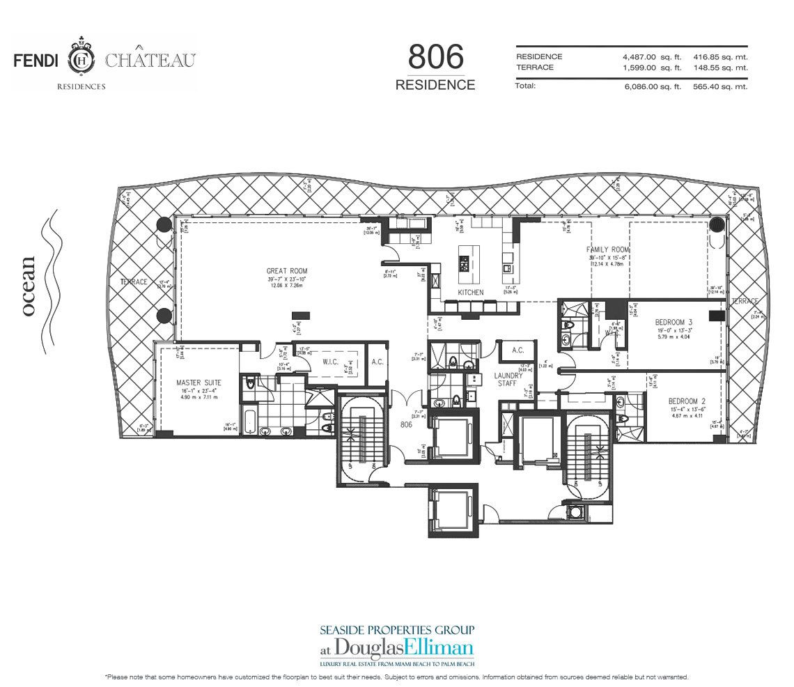 The 806 Model Floorplan for Fendi Chateau Residences, Luxury Oceanfront Condos in Surfside, Florida 33304.