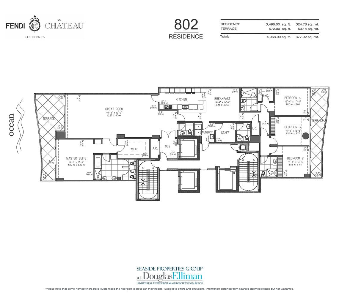 The 802 Model Floorplan for Fendi Chateau Residences, Luxury Oceanfront Condos in Surfside, Florida 33304.