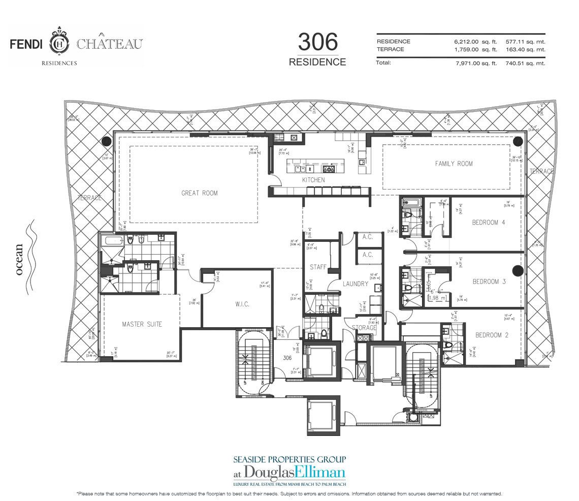 The 306 Model Floorplan for Fendi Chateau Residences, Luxury Oceanfront Condos in Surfside, Florida 33304.
