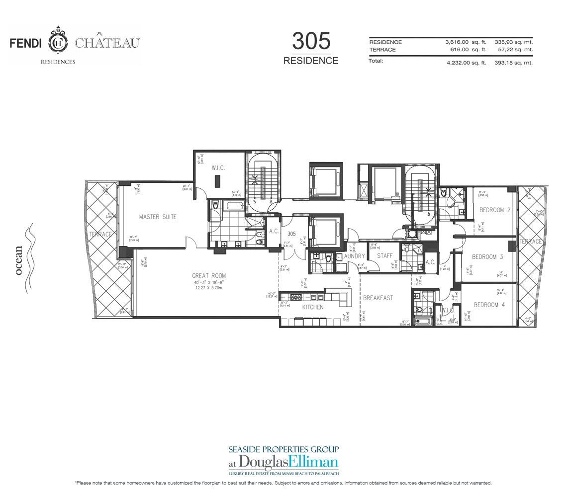 The 305 Model Floorplan for Fendi Chateau Residences, Luxury Oceanfront Condos in Surfside, Florida 33304.