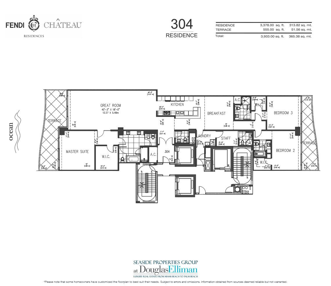 The 304 Model Floorplan for Fendi Chateau Residences, Luxury Oceanfront Condos in Surfside, Florida 33304.
