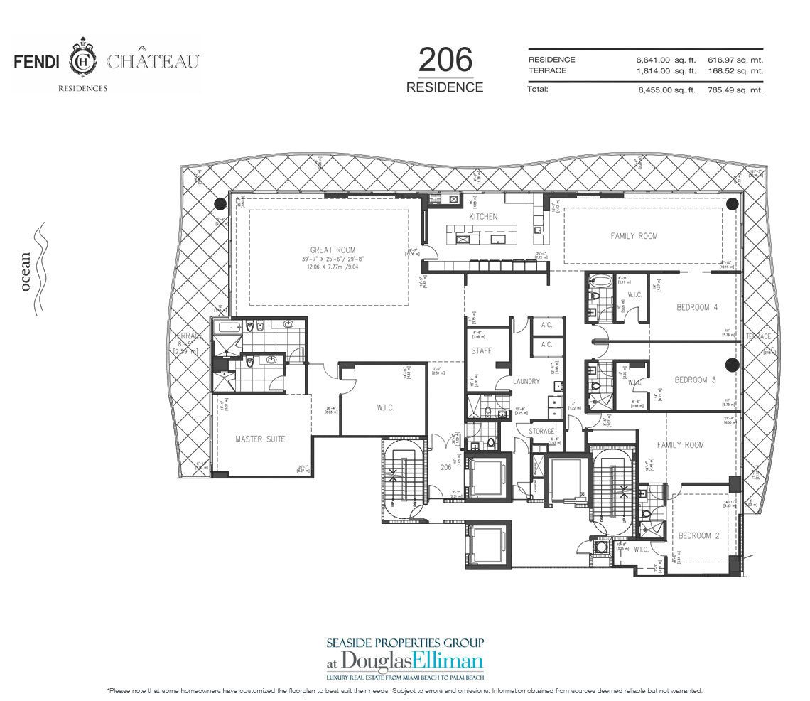 The 206 Model Floorplan for Fendi Chateau Residences, Luxury Oceanfront Condos in Surfside, Florida 33304.