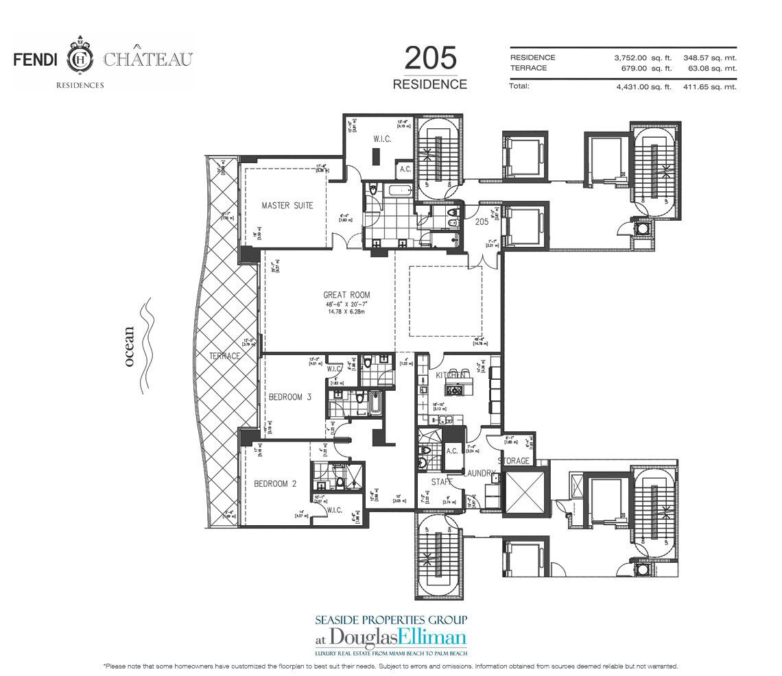 The 205 Model Floorplan for Fendi Chateau Residences, Luxury Oceanfront Condos in Surfside, Florida 33304.