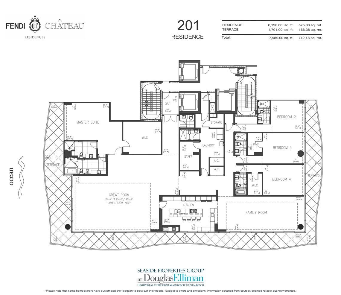 The 201 Model Floorplan for Fendi Chateau Residences, Luxury Oceanfront Condos in Surfside, Florida 33304.