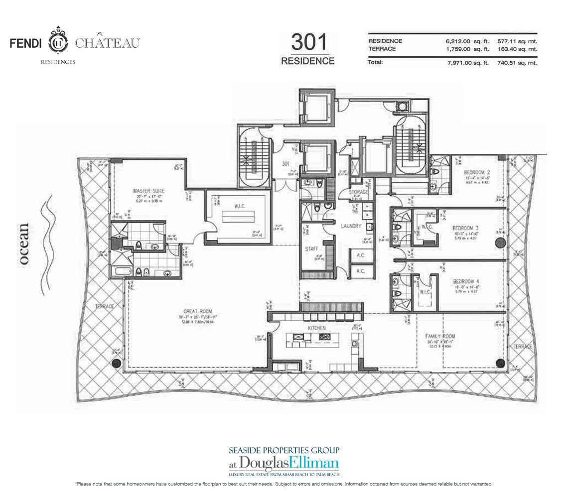 The 301 Model Floorplan for Fendi Chateau Residences, Luxury Oceanfront Condos in Surfside, Florida 33304.