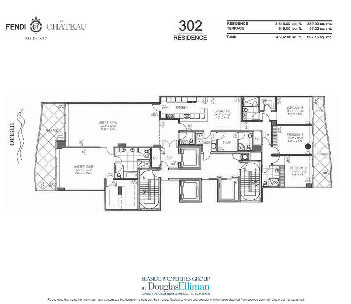 The 302 Model Floorplan for Fendi Chateau Residences, Luxury Oceanfront Condos in Surfside, Florida 33304.