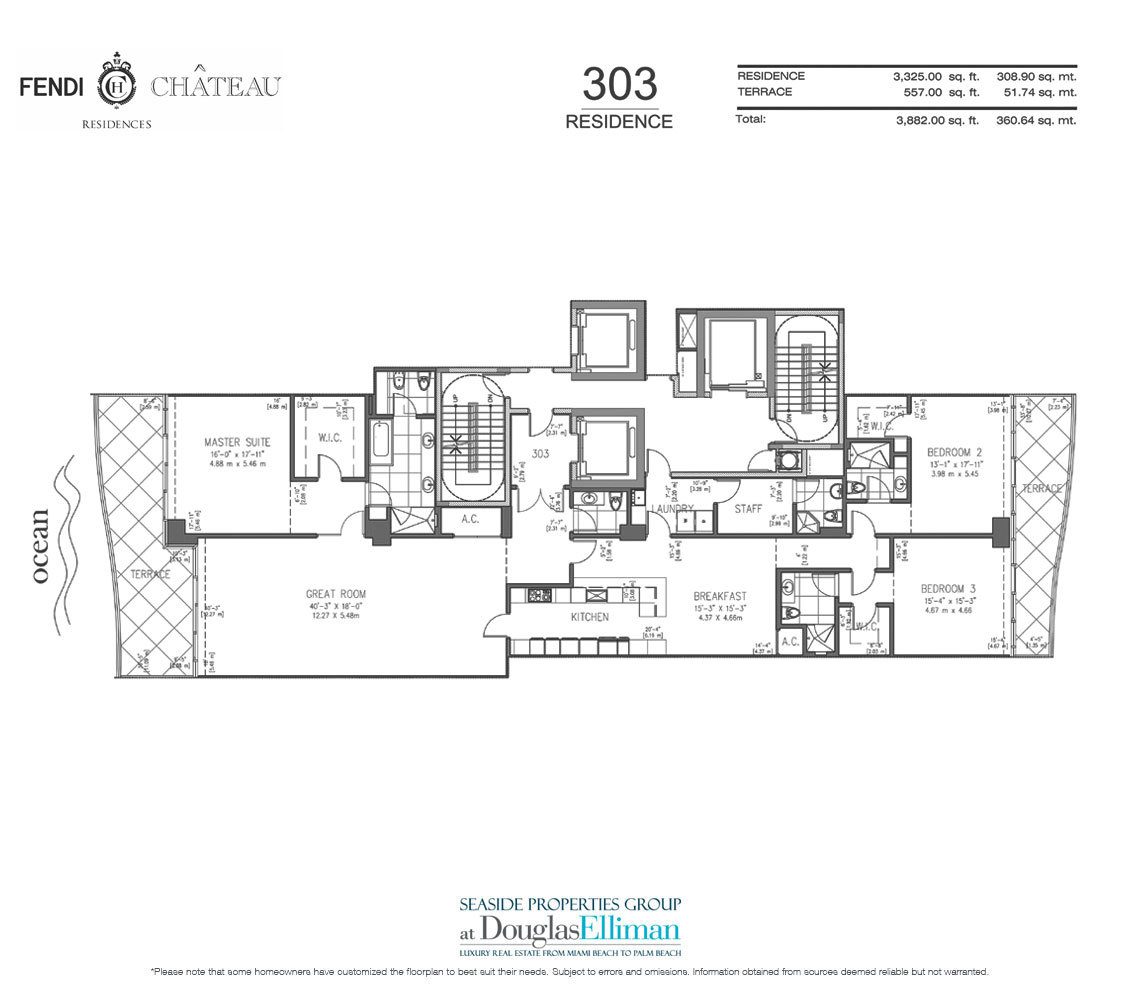 The 303 Model Floorplan for Fendi Chateau Residences, Luxury Oceanfront Condos in Surfside, Florida 33304.