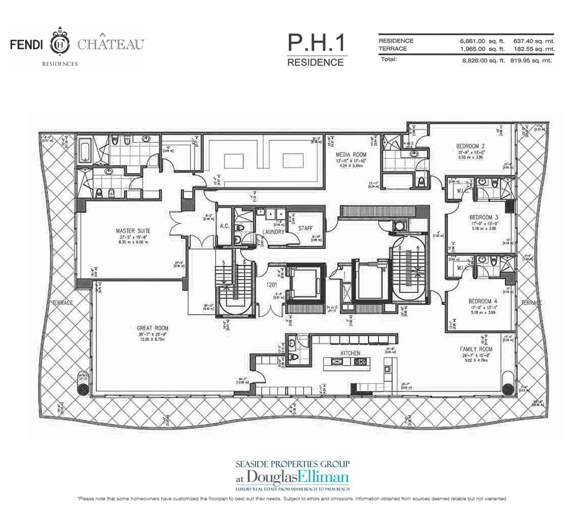 The PH1 Model Floorplan for Fendi Chateau Residences, Luxury Oceanfront Condos in Surfside, Florida 33304.