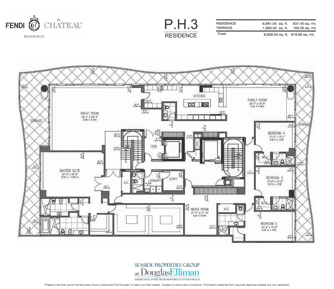 The PH3 Model Floorplan for Fendi Chateau Residences, Luxury Oceanfront Condos in Surfside, Florida 33304.