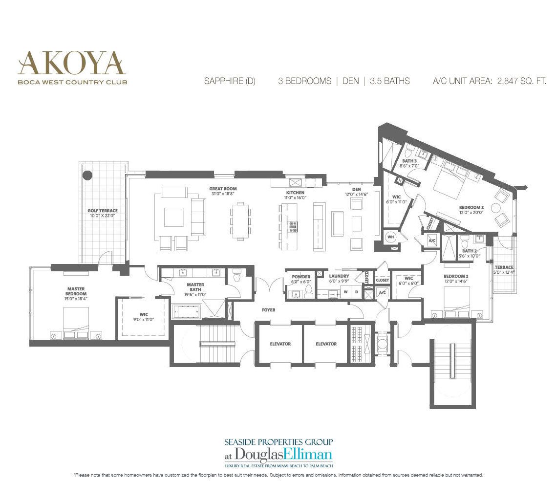 The Sapphire (D) Model Floorplan at Akoya Boca West, Luxury Condos in Boca Raton, Florida 33432.