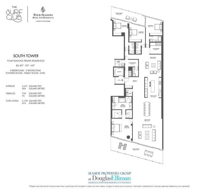 The South D Floorplan at the Four Seasons Residences at the Surf Club, Luxury Oceanfront Condos in Miami Beach