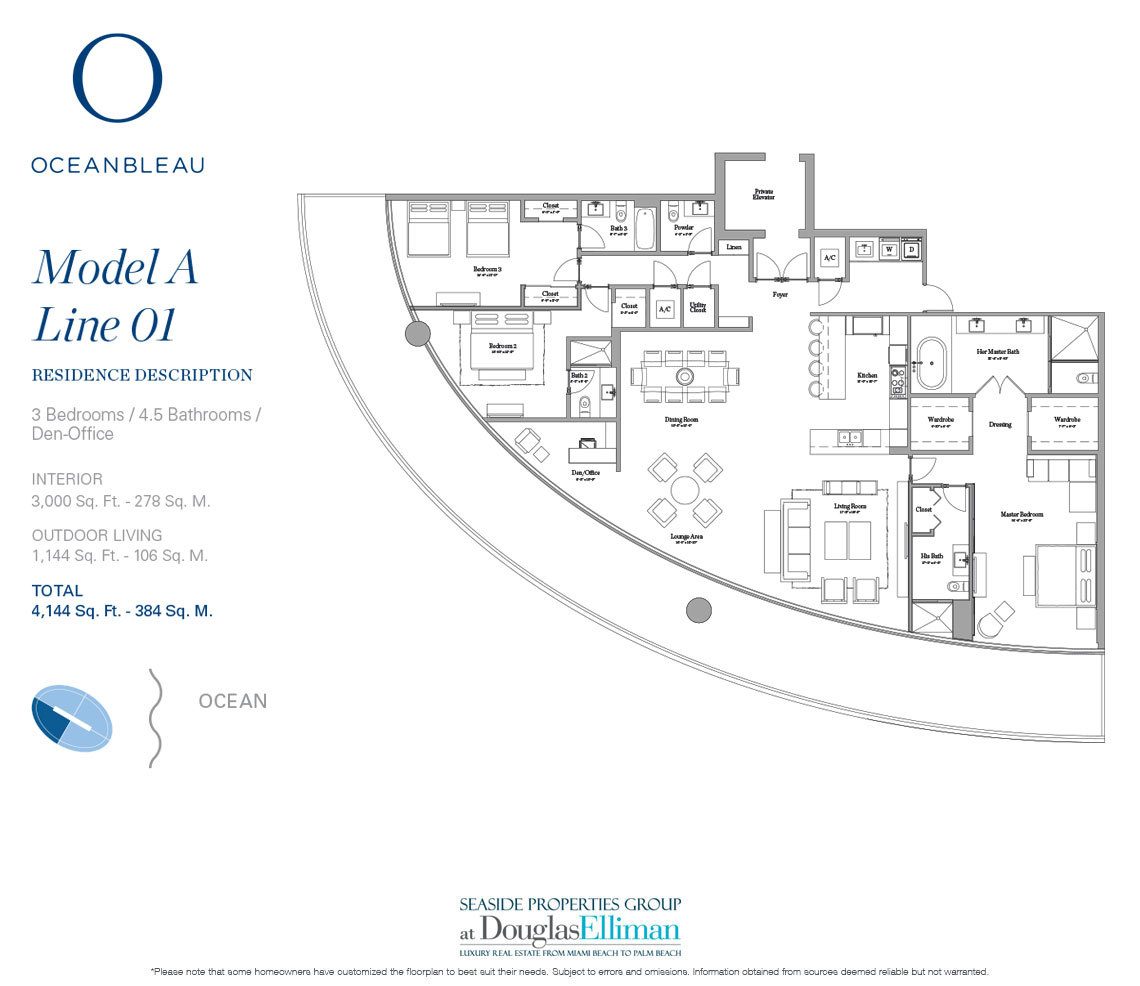 The Model A Line 1 Floorplan at Oceanbleau, Luxury Waterfront Condos in Hollywood Beach, Florida 33019