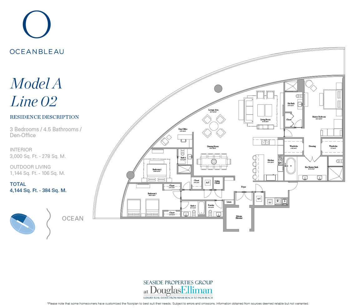 The Model A Line 2 Floorplan at Oceanbleau, Luxury Waterfront Condos in Hollywood Beach, Florida 33019