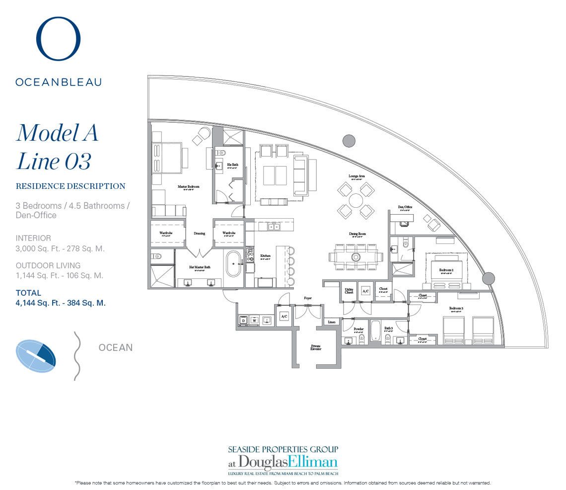 The Model A Line 3 Floorplan at Oceanbleau, Luxury Waterfront Condos in Hollywood Beach, Florida 33019