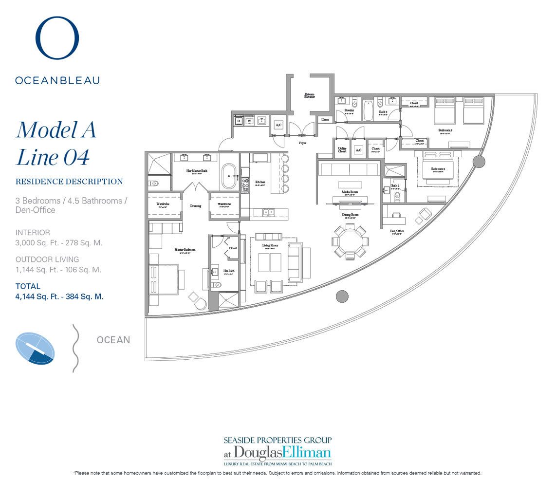The Model A Line 4 Floorplan at Oceanbleau, Luxury Waterfront Condos in Hollywood Beach, Florida 33019