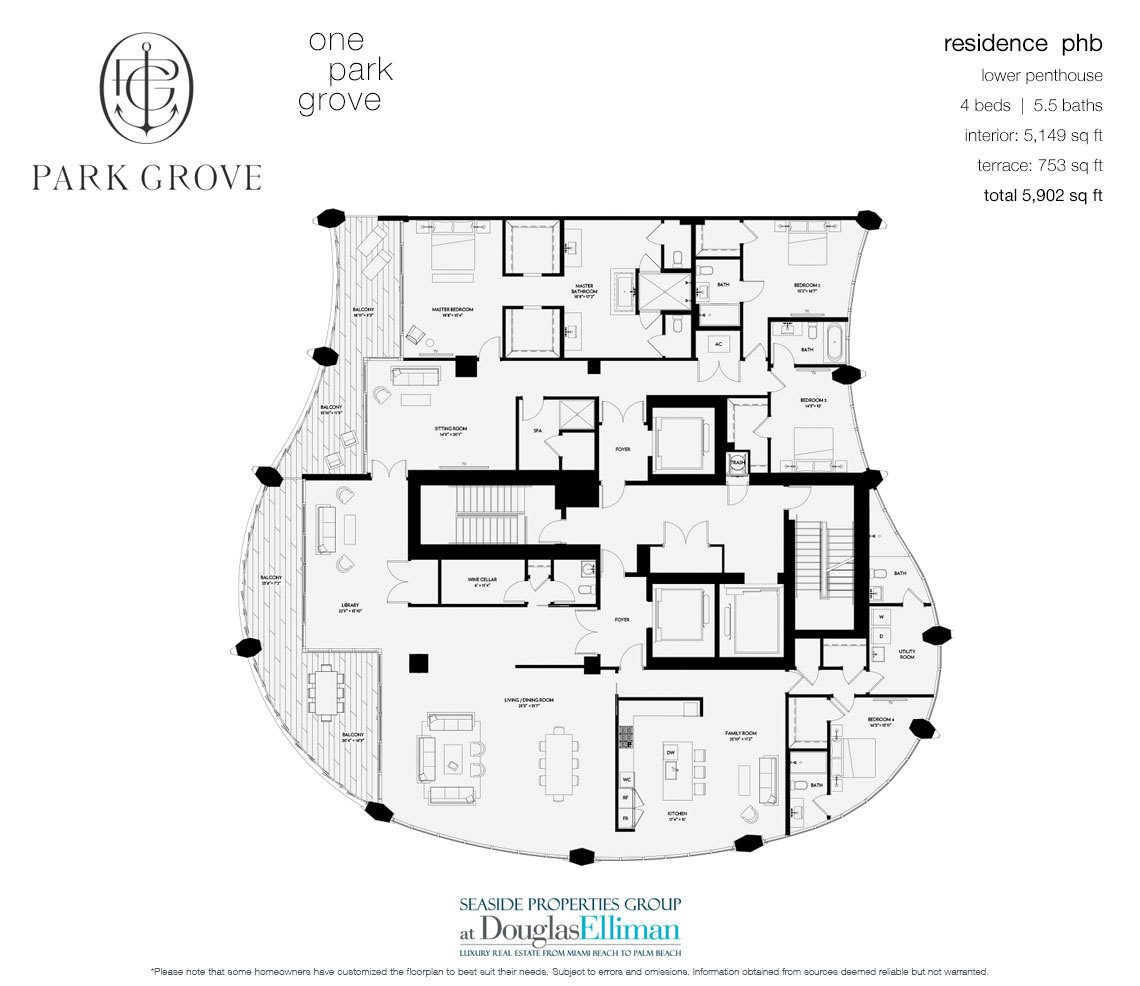 The Lower Penthouse B, Tower One Floorplan at Park Grove, Luxury Waterfront Condos in Miami, Florida 33133