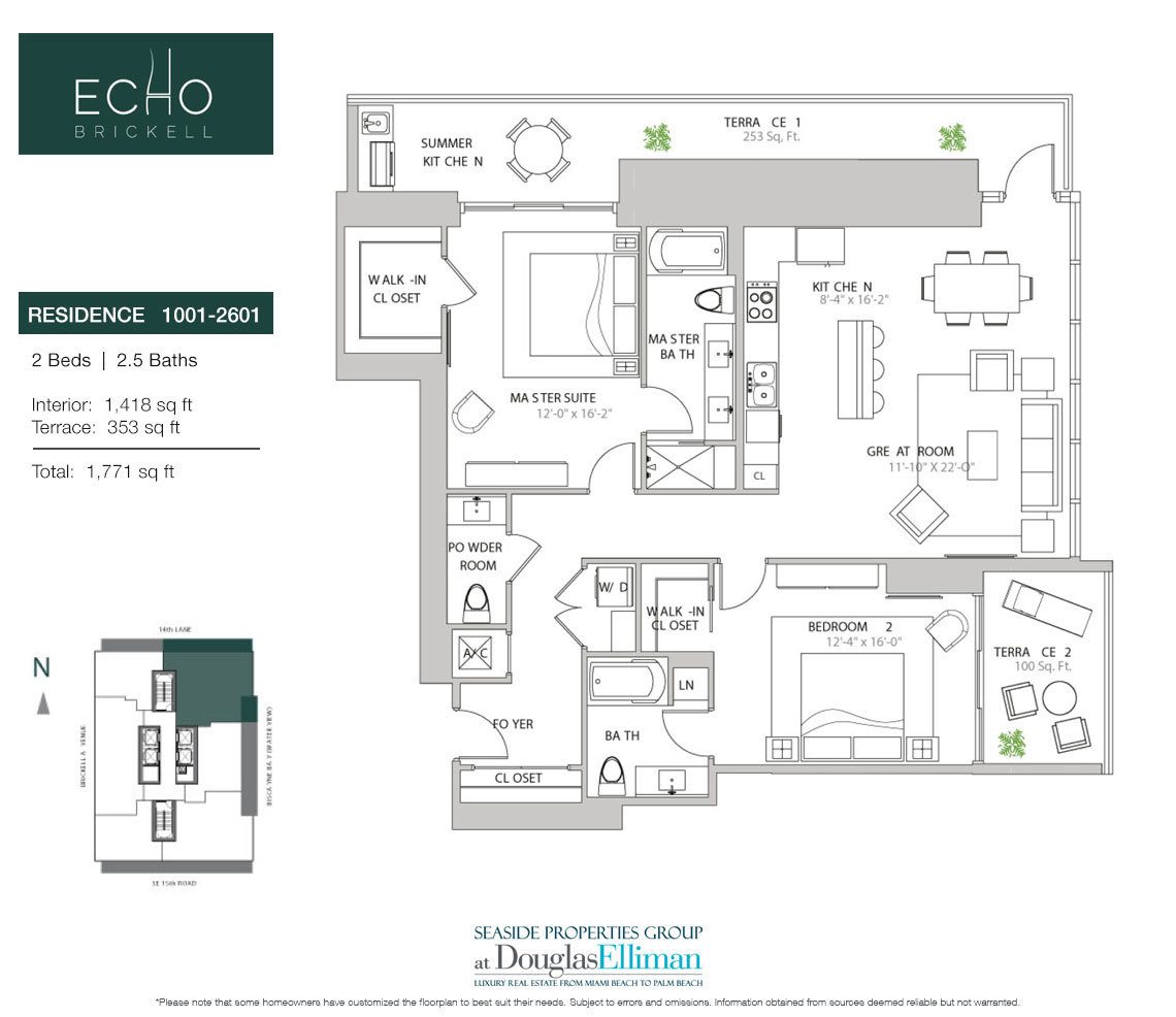 The Residence 1001 Floorplan for Echo Brickell, Seaside Luxury Condos in Miami, Florida 33131
