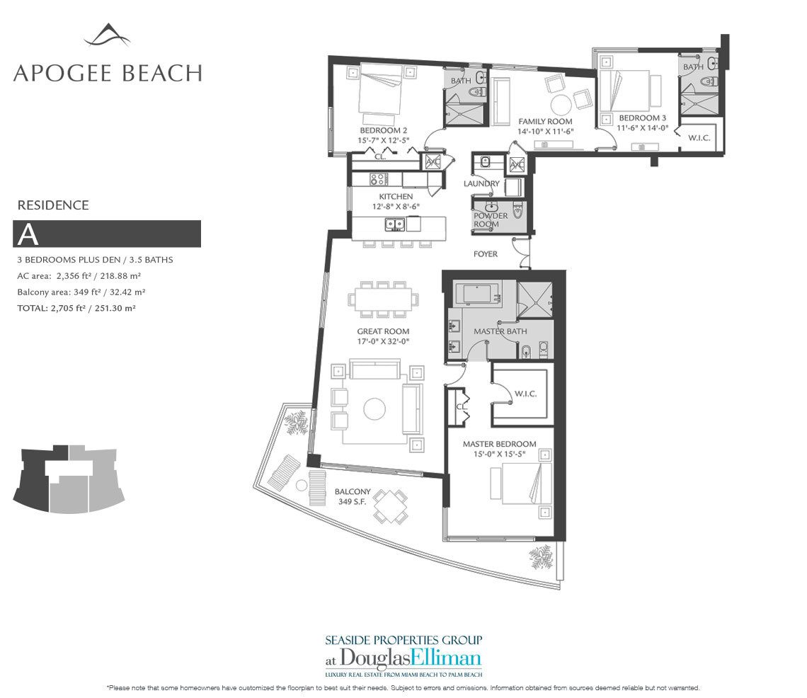 The Residence A Floorplan at Apogee Beach, Luxury Oceanfront Condos in Hollywood Beach, Florida 33019.