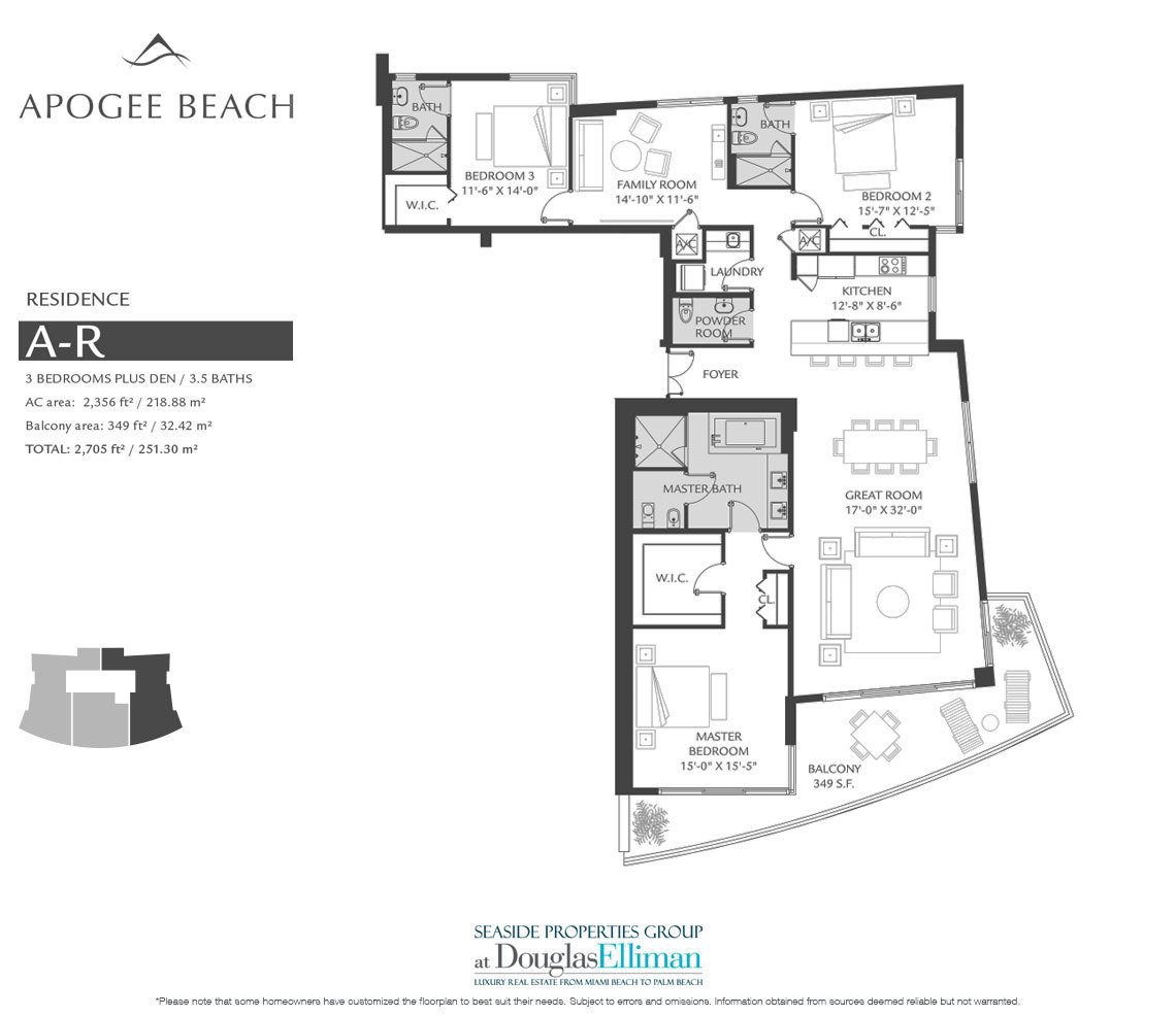 The Residence A-R Floorplan at Apogee Beach, Luxury Oceanfront Condos in Hollywood Beach, Florida 33019.