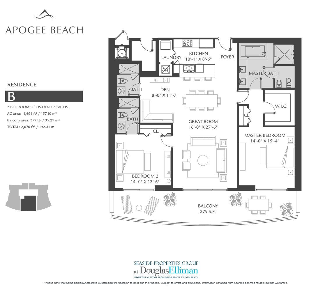 The Residence B Floorplan at Apogee Beach, Luxury Oceanfront Condos in Hollywood Beach, Florida 33019.