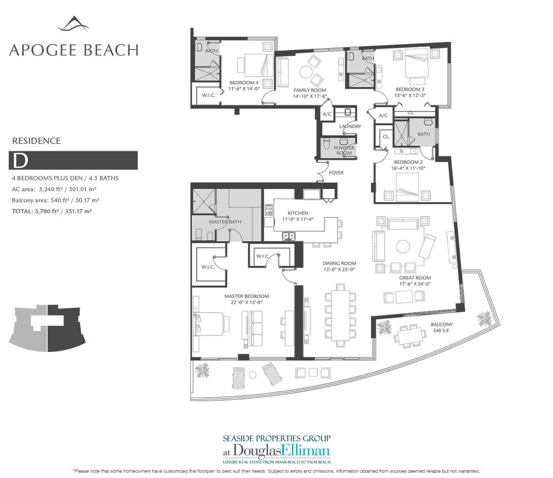 The Residence D Floorplan at Apogee Beach, Luxury Oceanfront Condos in Hollywood Beach, Florida 33019.