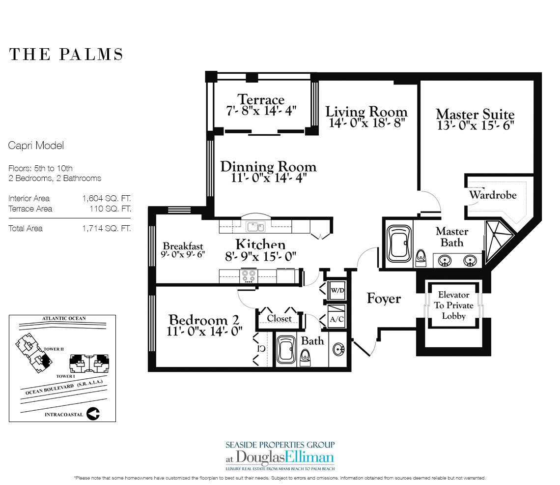 Capri Floorplan for The Palms, Tower I South, Luxury Oceanfront Condo in Fort Lauderdale, Florida 33305