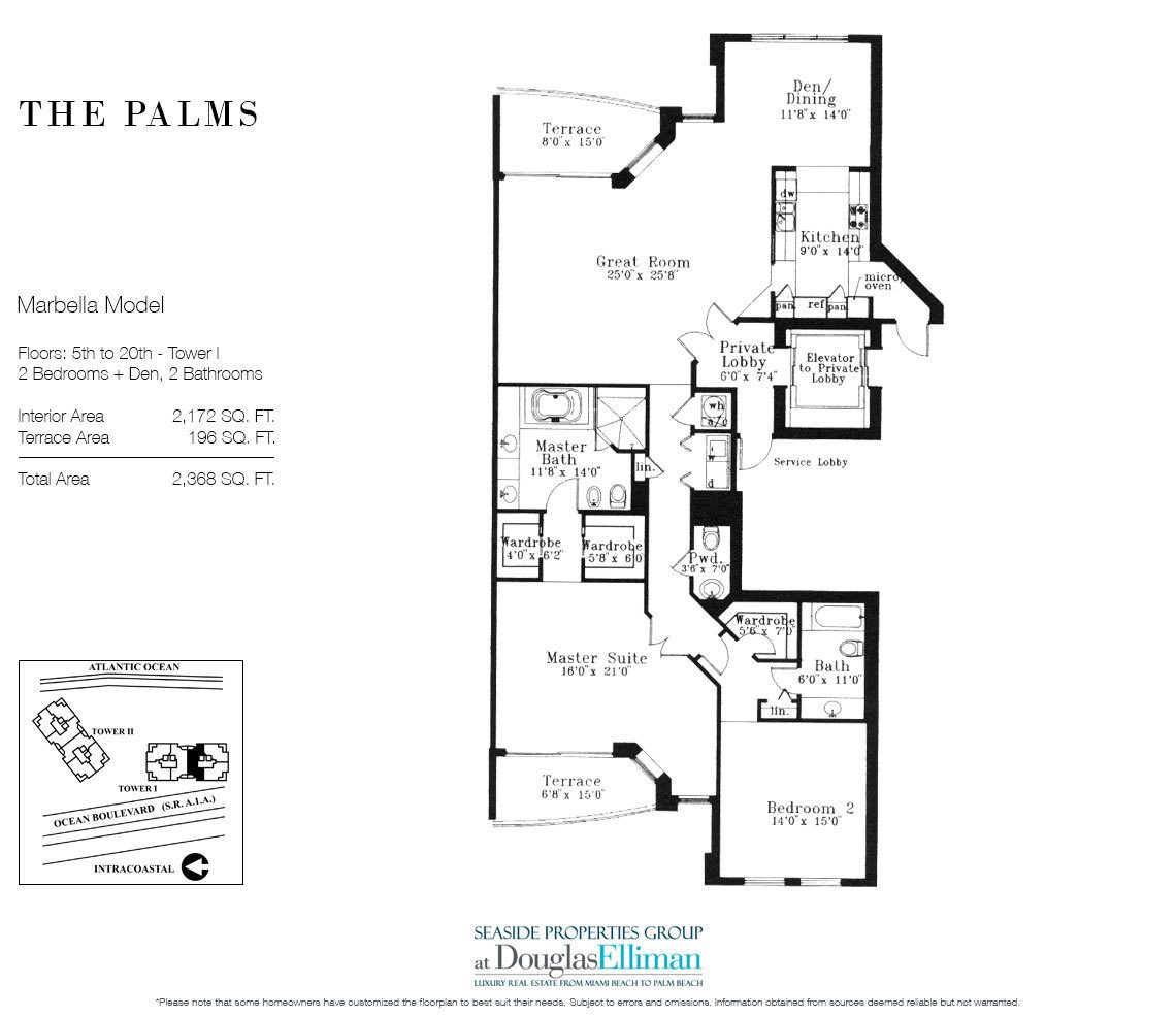 Marbella Floorplan for The Palms, Tower I South, Luxury Oceanfront Condo in Fort Lauderdale, Florida 33305