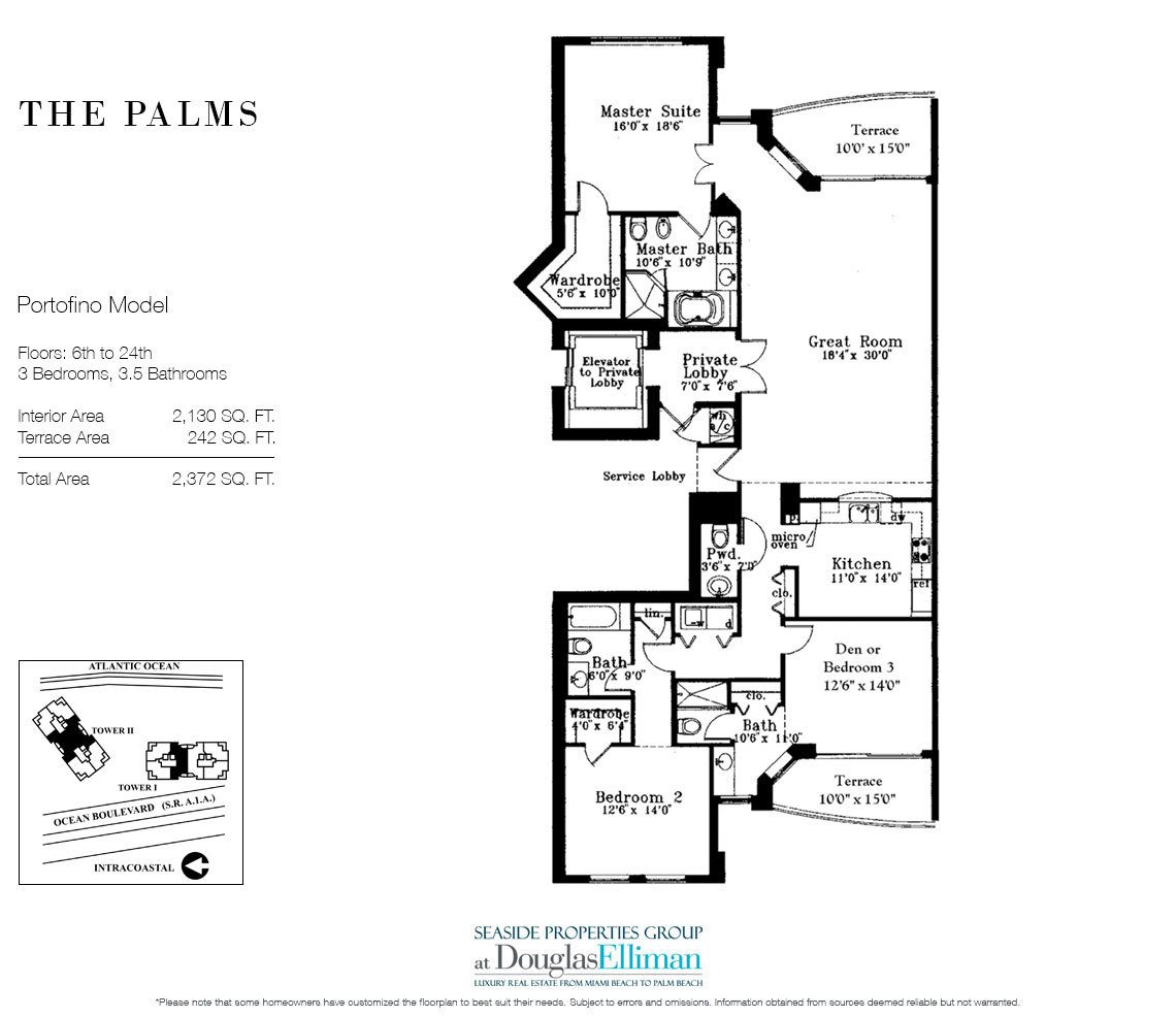 Portofino Floorplan for The Palms, Tower I South, Luxury Oceanfront Condo in Fort Lauderdale, Florida 33305