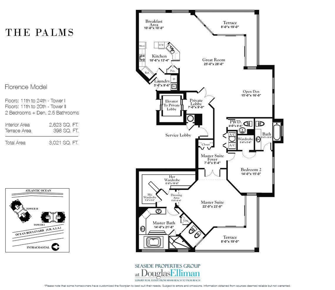 Florence Floorplan for The Palms, Tower I South, Luxury Oceanfront Condo in Fort Lauderdale, Florida 33305