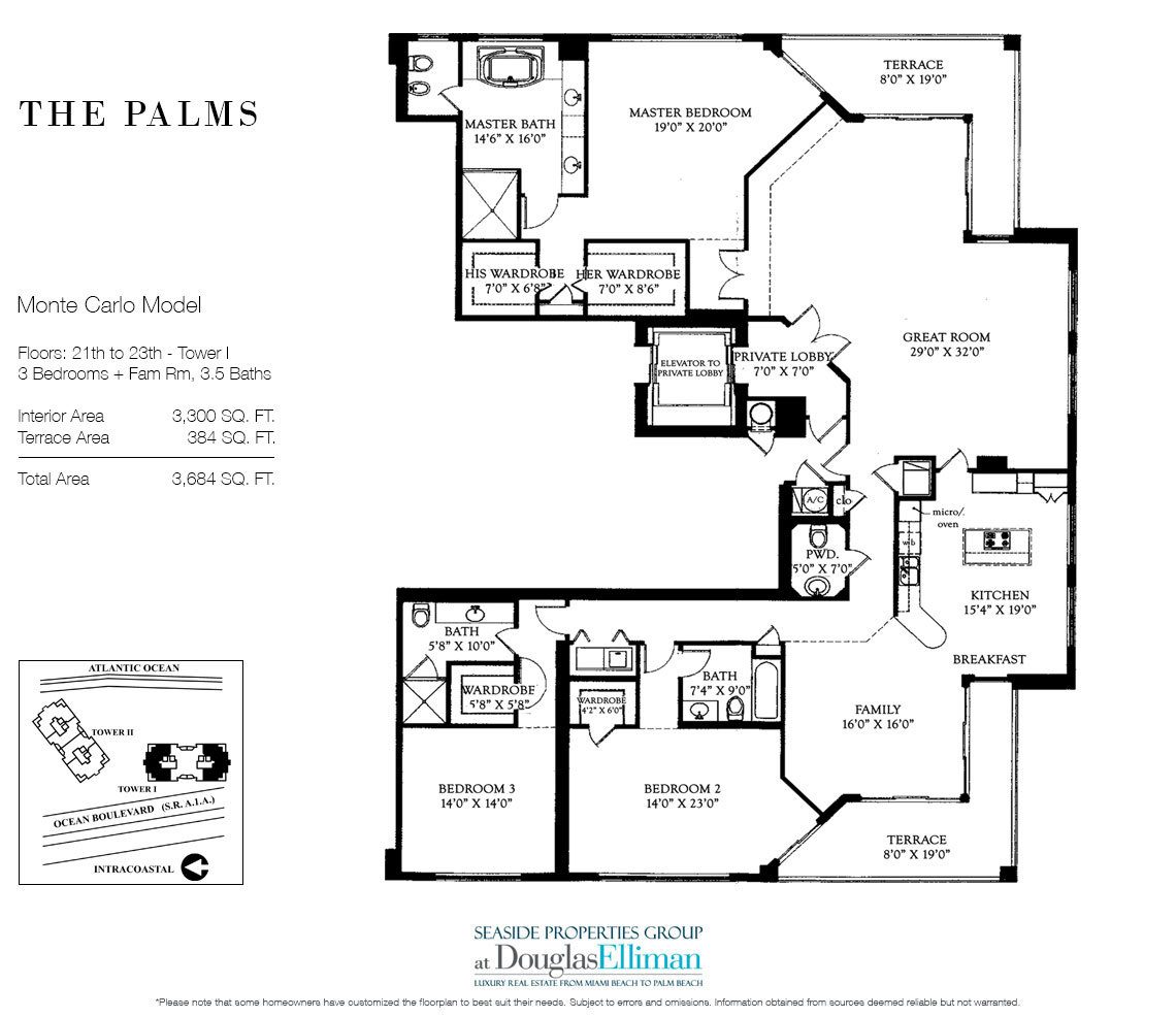 Monte Carlo Floorplan for The Palms, Tower I South, Luxury Oceanfront Condo in Fort Lauderdale, Florida 33305