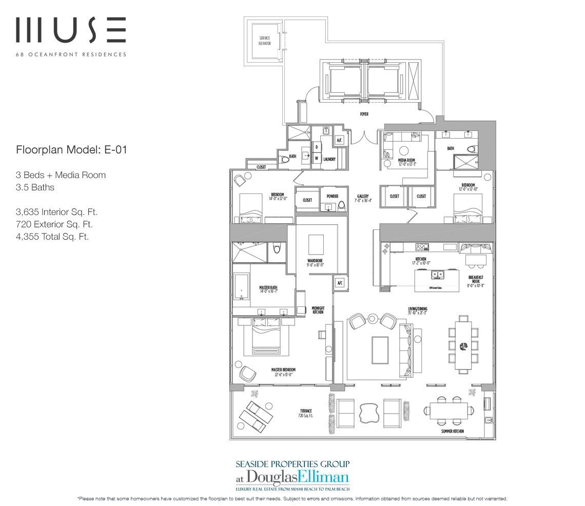 The Residence E01 Floorplan for Muse Sunny Isles Beach, Luxury Oceanfront Condos, Florida 33160.