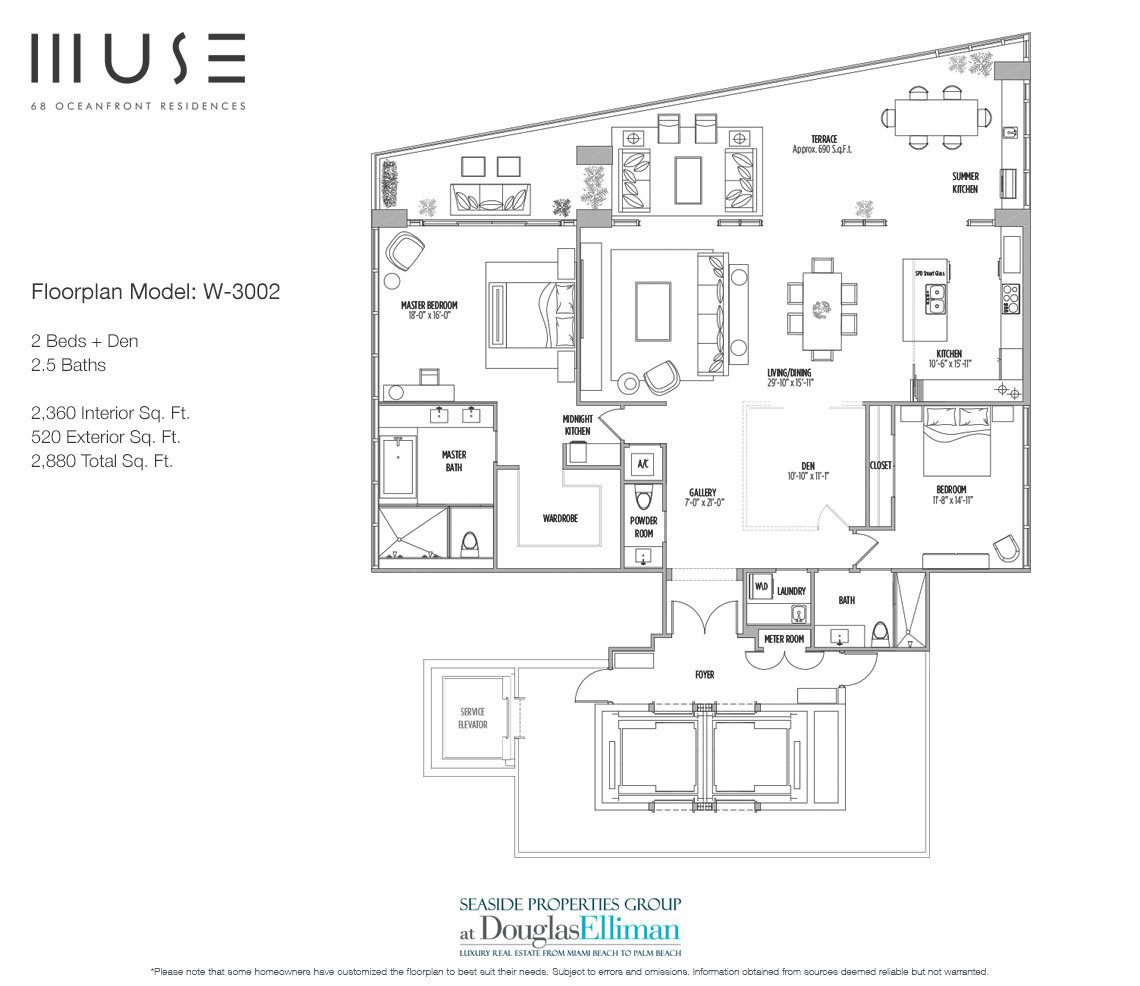 The Residence W3002 Floorplan for Muse Sunny Isles Beach, Luxury Oceanfront Condos, Florida 33160.