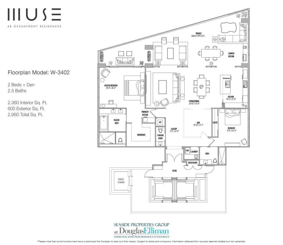 The Residence W3402 Floorplan for Muse Sunny Isles Beach, Luxury Oceanfront Condos, Florida 33160.