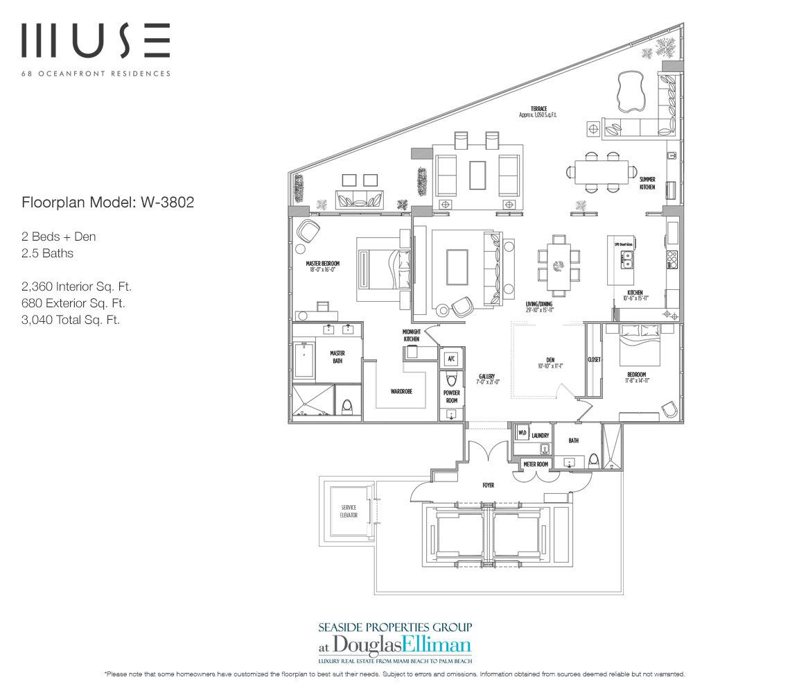 The Residence W3802 Floorplan for Muse Sunny Isles Beach, Luxury Oceanfront Condos, Florida 33160.