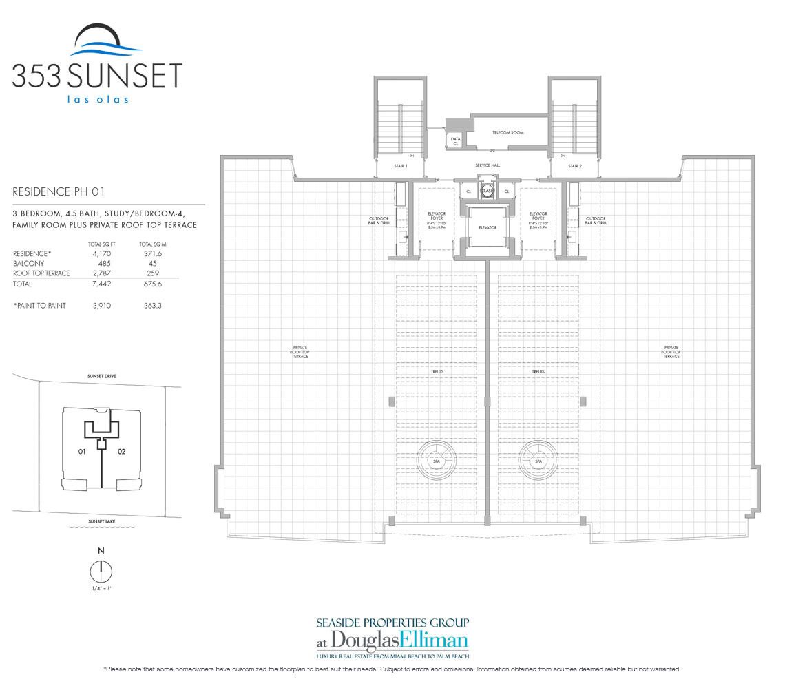 The Penthouse 01 Model Floorplan at 353 Sunset, Luxury Waterfront Condos in Fort Lauderdale, Florida 33301.