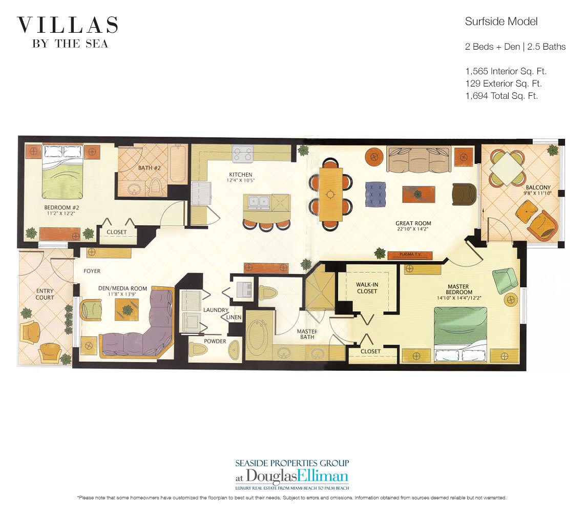 The Surfside Model Floorplan at Villas by the Sea, Luxury Oceanfront Condos in Lauderdale-by-the-Sea, Florida 33308.