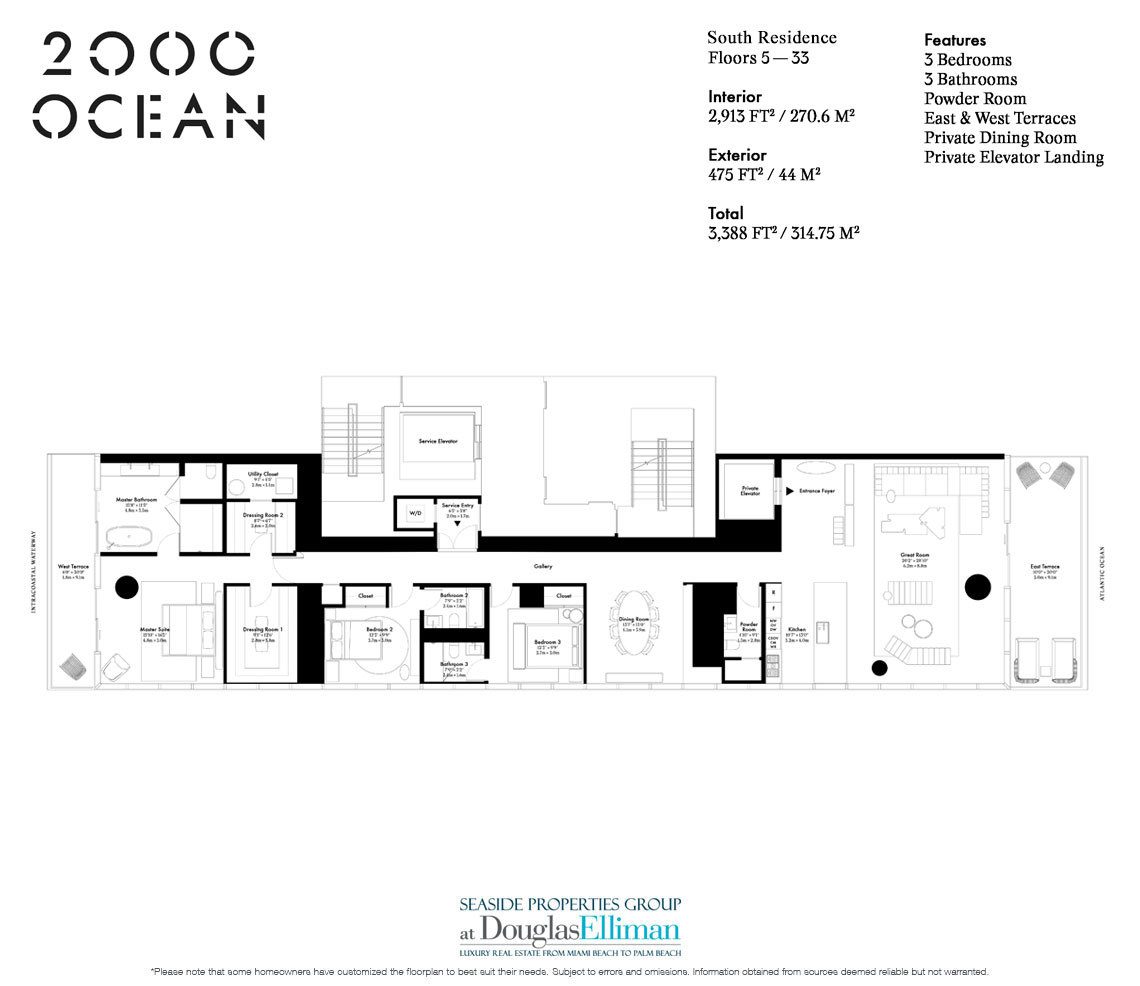 The Half-Floor South Residence Floorplan at 2000 Ocean, Luxury Oceanfront Condos in Hallandale Beach, Florida 33009.