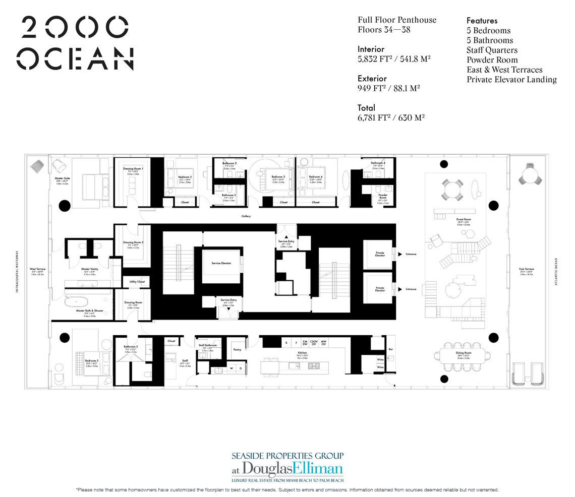 The Full-Floor Penthouse Residence Floorplan at 2000 Ocean, Luxury Oceanfront Condos in Hallandale Beach, Florida 33009.