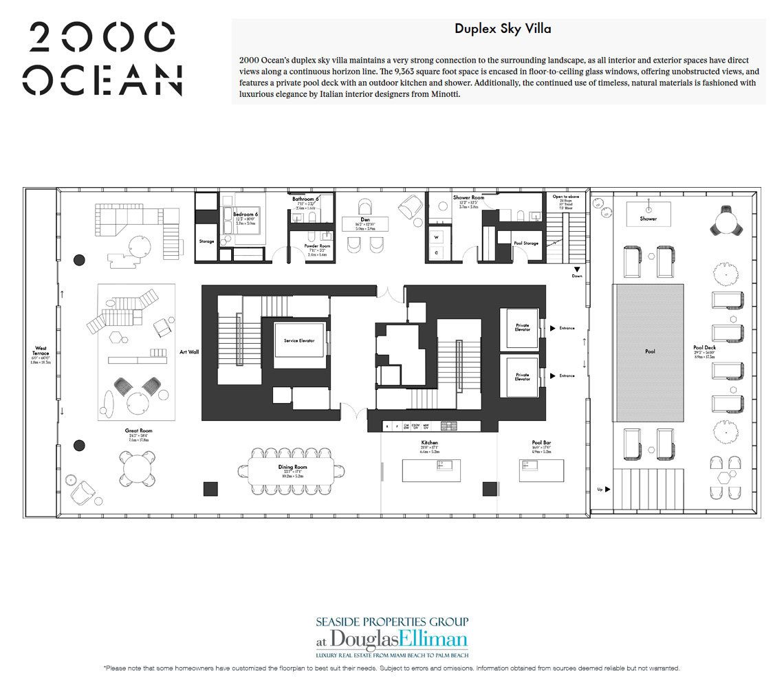 The Duplex Sky Villa Floorplan at 2000 Ocean, Luxury Oceanfront Condos in Hallandale Beach, Florida 33009.