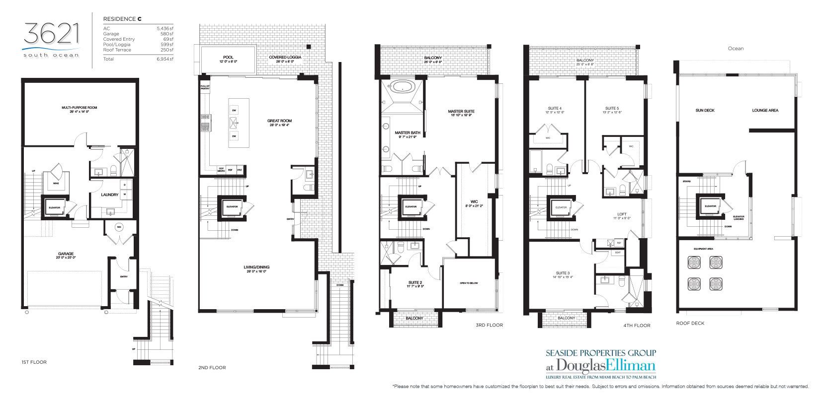 The Residence C Floorplan at 3621 South Ocean, Luxury Oceanfront Townhomes in Highland Beach, Florida 33487