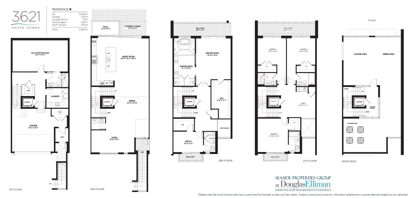 The Residence B Floorplan at 3621 South Ocean, Luxury Oceanfront Townhomes in Highland Beach, Florida 33487