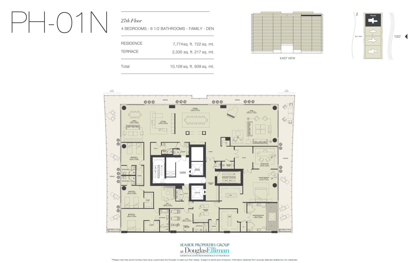 The PH-01N Floorplan for Oceana Bal Harbour, Luxury Oceanfront Condos in Bal Harbour, Florida 33154
