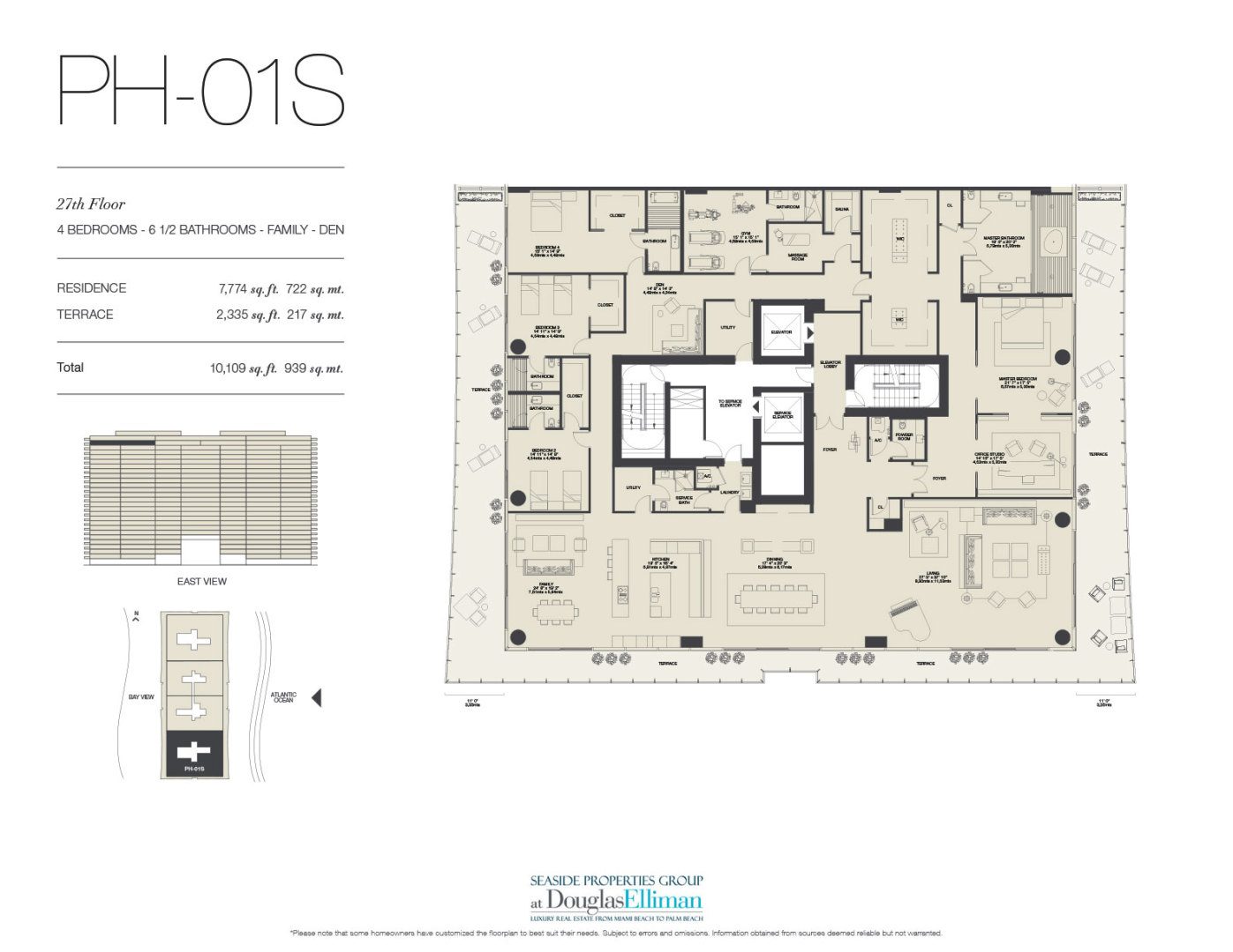 The PH-01S Floorplan for Oceana Bal Harbour, Luxury Oceanfront Condos in Bal Harbour, Florida 33154