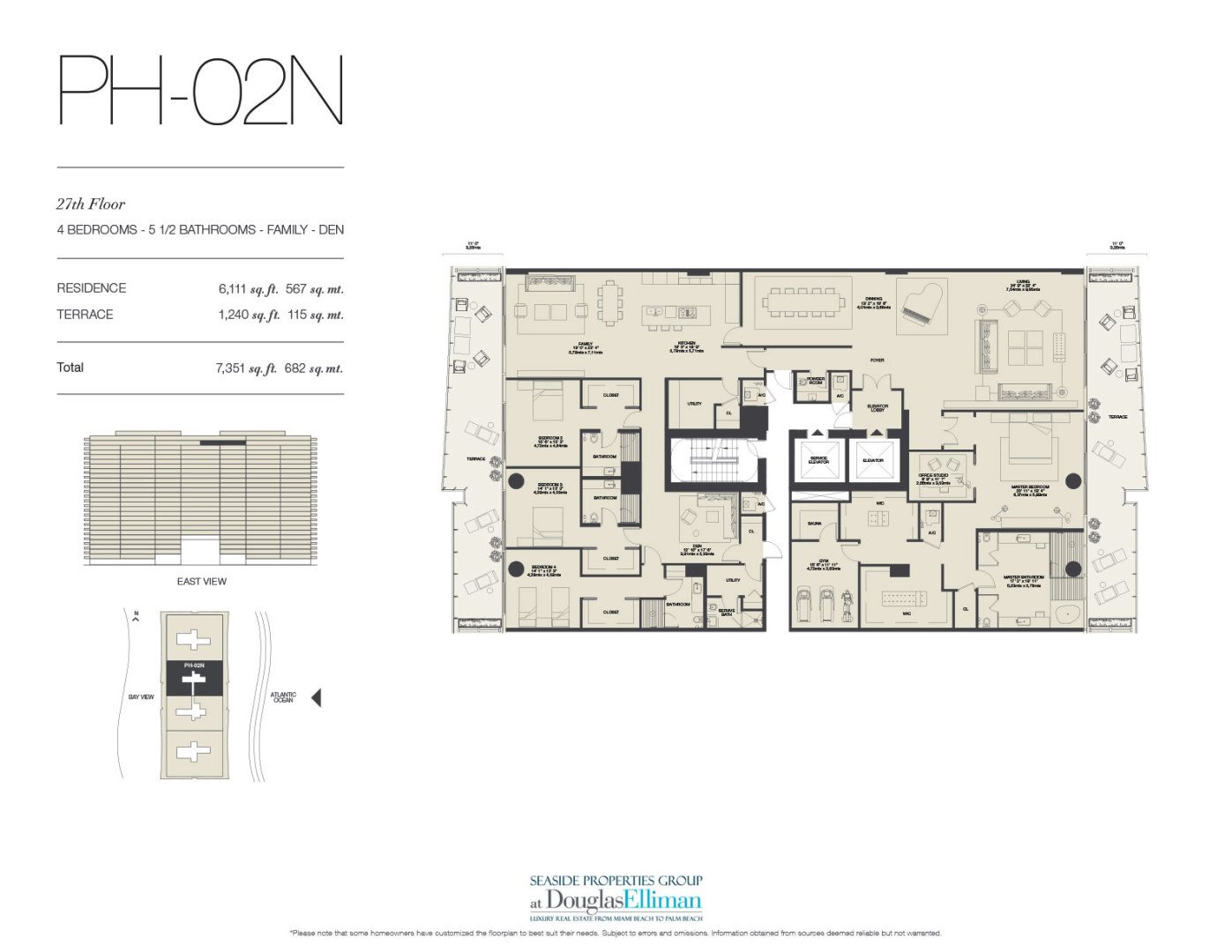 The PH-02N Floorplan for Oceana Bal Harbour, Luxury Oceanfront Condos in Bal Harbour, Florida 33154