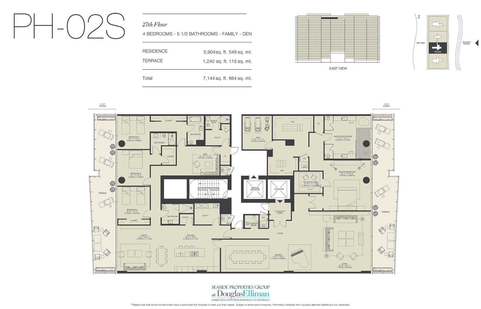 The PH-02S Floorplan for Oceana Bal Harbour, Luxury Oceanfront Condos in Bal Harbour, Florida 33154