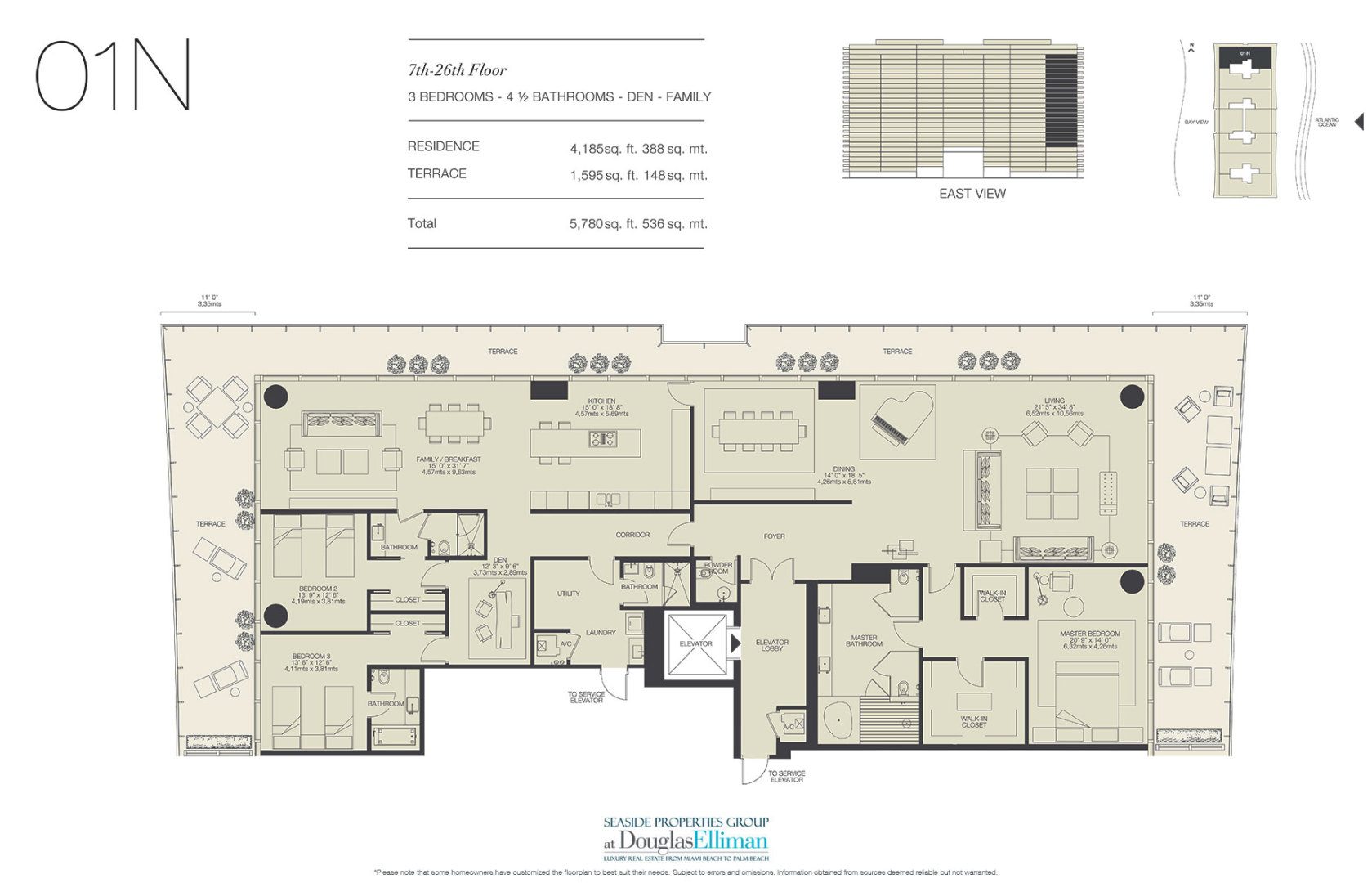 The 01N Floorplan for Oceana Bal Harbour, Luxury Oceanfront Condos in Bal Harbour, Florida 33154