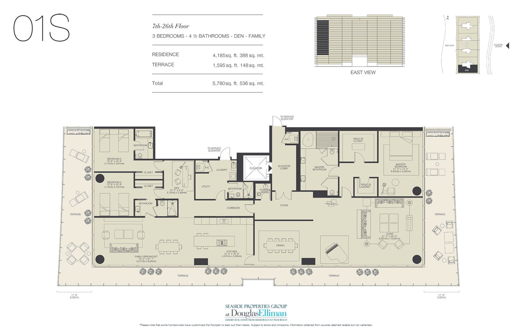 The 01S Floorplan for Oceana Bal Harbour, Luxury Oceanfront Condos in Bal Harbour, Florida 33154