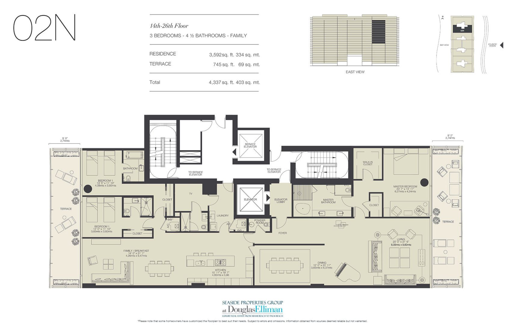 The 02N Floorplan for Oceana Bal Harbour, Luxury Oceanfront Condos in Bal Harbour, Florida 33154