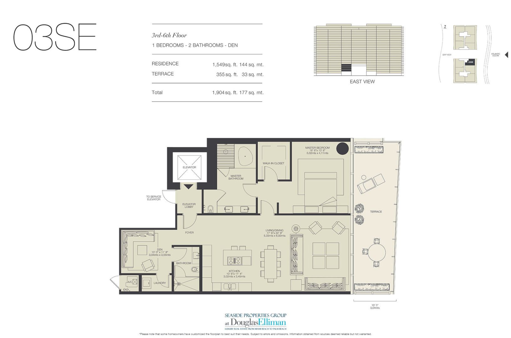The 03SE Floorplan for Oceana Bal Harbour, Luxury Oceanfront Condos in Bal Harbour, Florida 33154